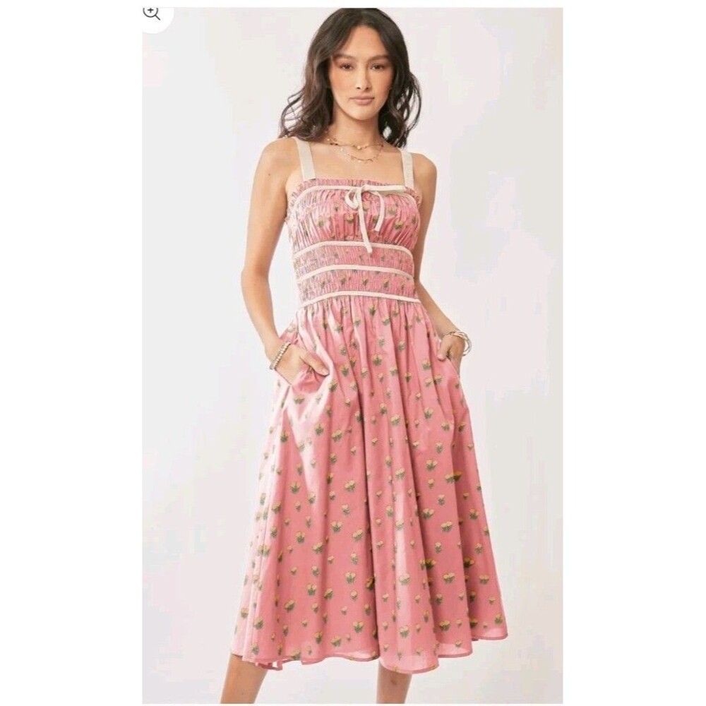 100 % Cotton Floral Pink Midi Dress Sz M  Cottagecore Coqutte Romantic Princess